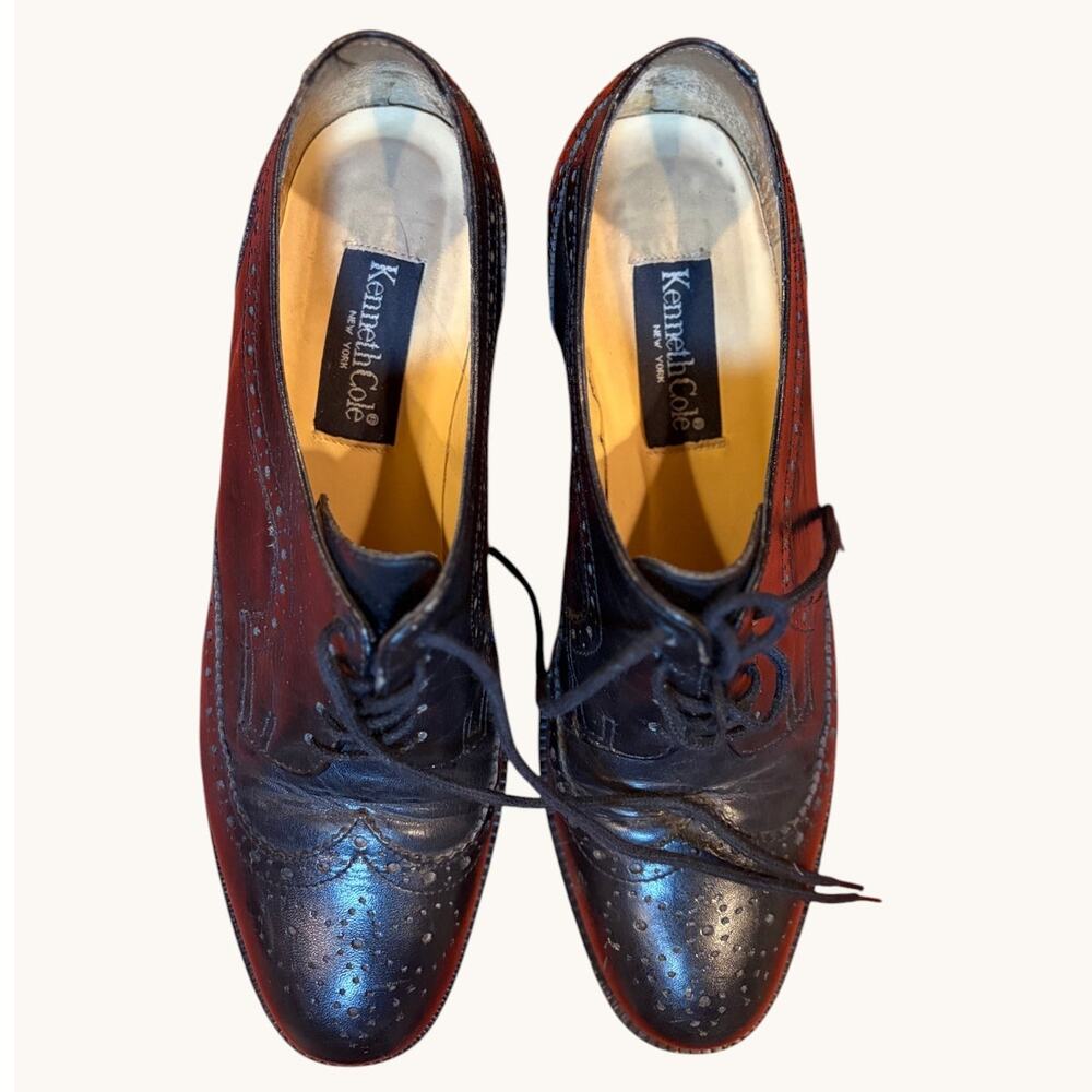 KENNETH COLE Women's Leather Wingtip Shoes 8.5 Black Brogue Oxford Heels Vintage - Picture 2 of 9